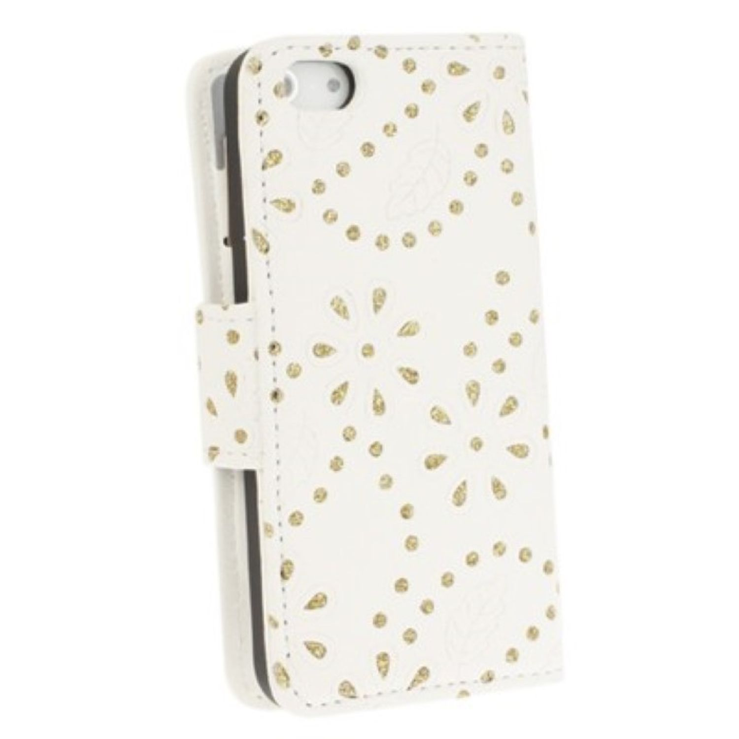 Weiße Handyhülle mit goldenem Blumenmuster und Verschluss. Die Hülle ist geöffnet und gibt das Telefon frei.