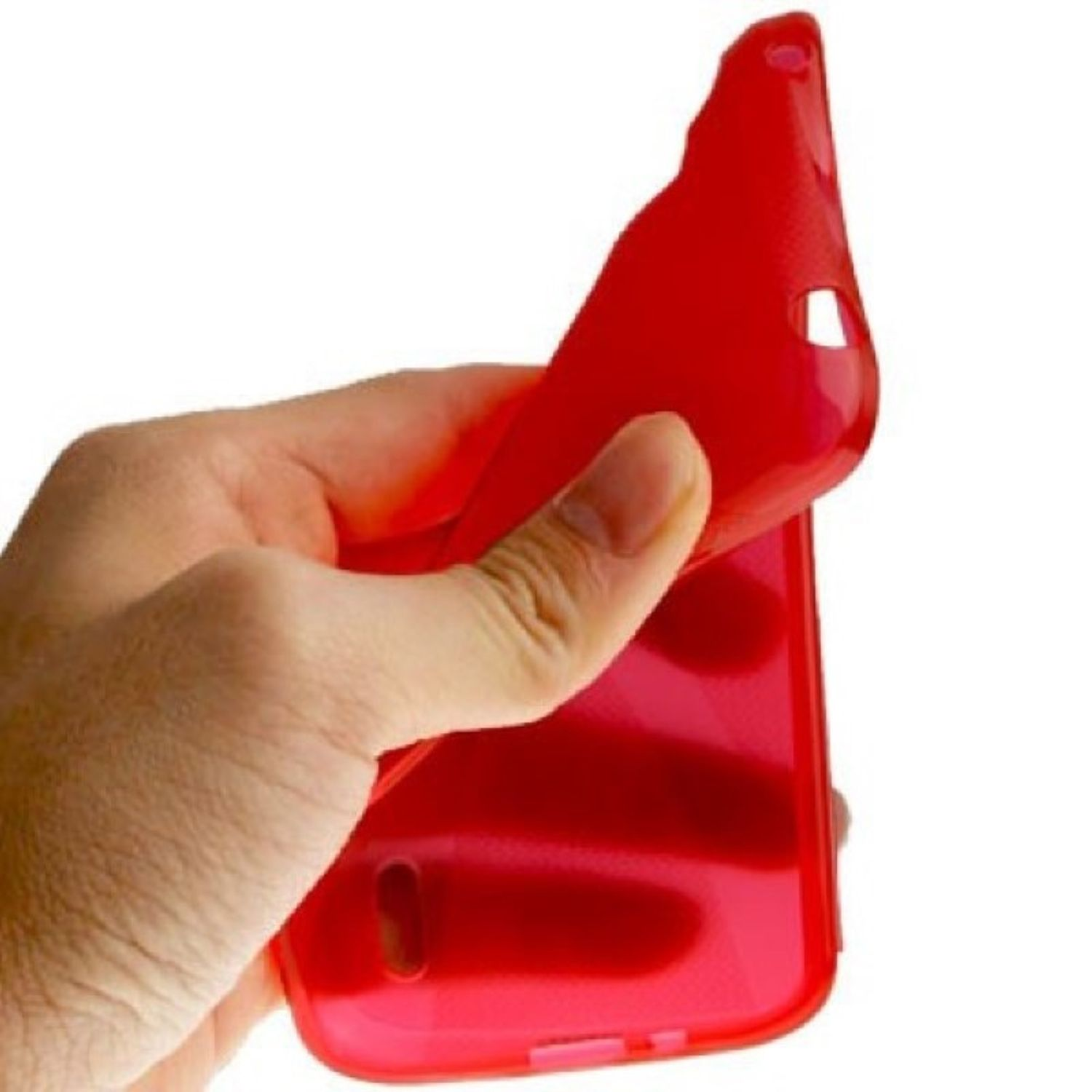 Eine Hand hält eine rote Handyhülle. Die Hülle ist flexibel. Weißer Hintergrund.