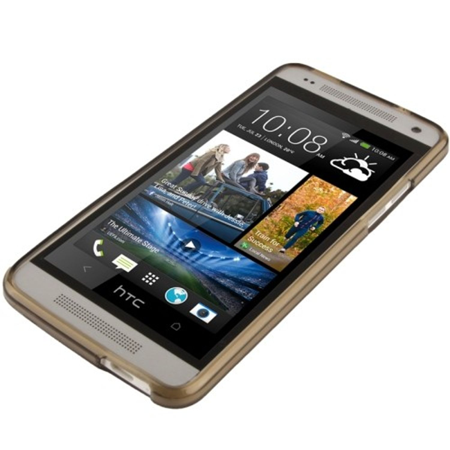 HTC-Telefon in einem Gehäuse. Der Bildschirm zeigt einen Newsfeed und die Uhrzeit an.