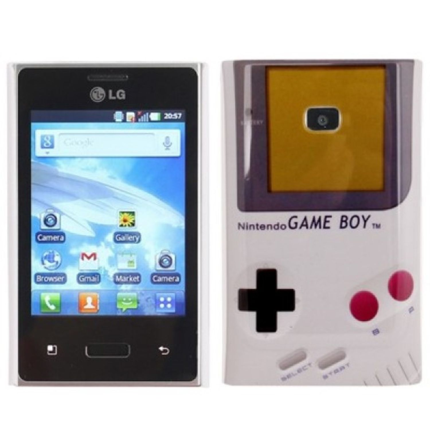 Smartphone mit Game-Boy-Hülle. Telefon zeigt Benutzeroberfläche. Hülle hat Game-Boy-Design: Knöpfe, Bildschirm, Logo.