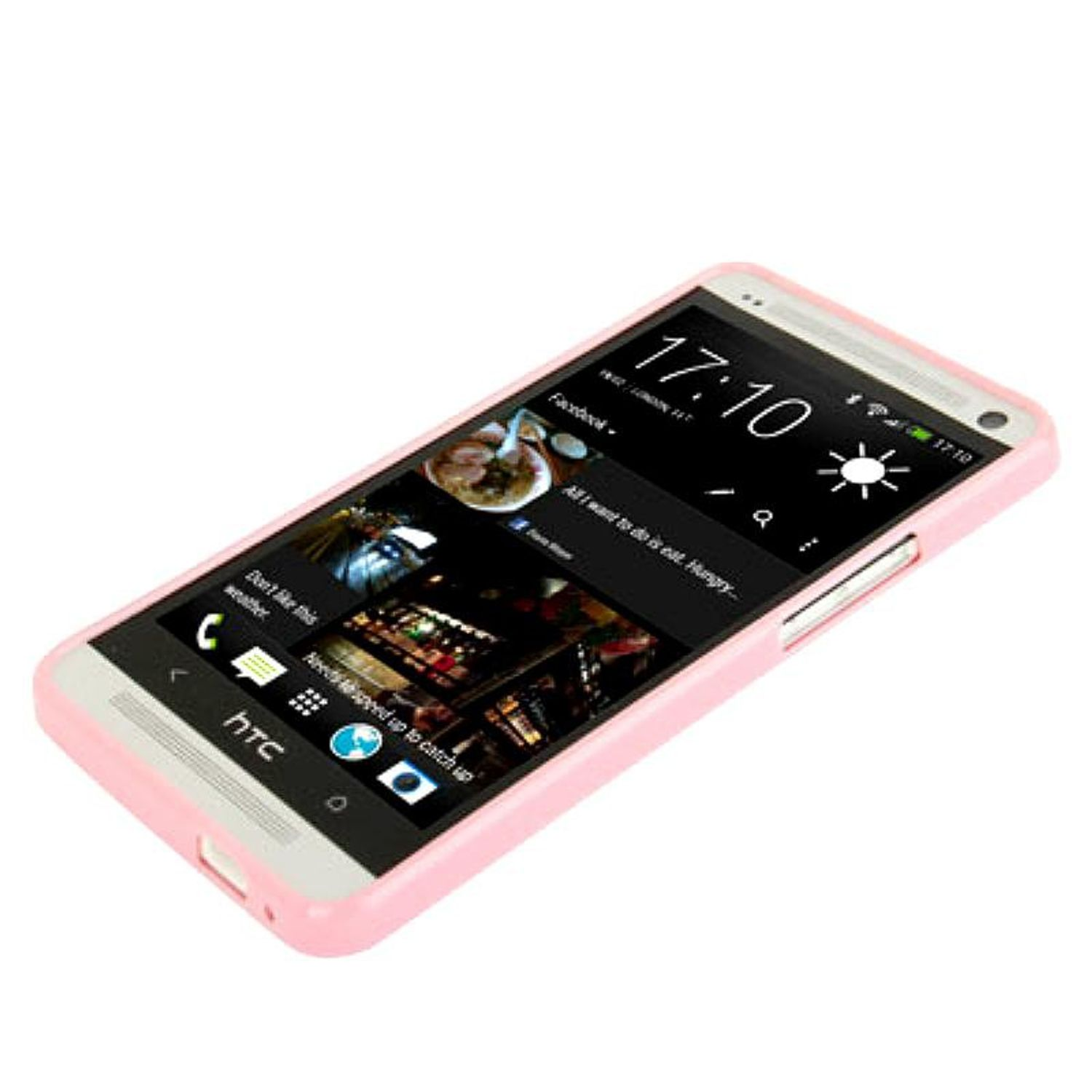 Pinkes HTC-Telefon, das einen Social-Media-Feed anzeigt. Weißer Hintergrund.