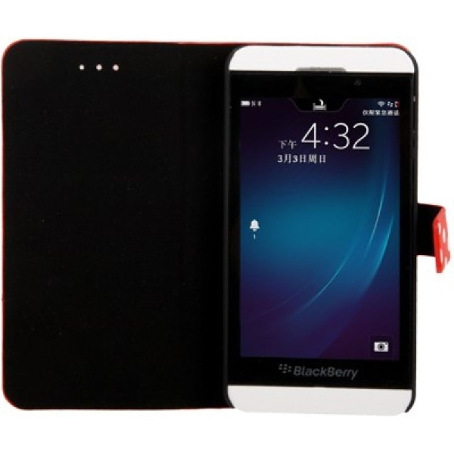 BlackBerry-Telefon in schwarzem und rotem Case. Der Bildschirm zeigt Zeit und Datum.