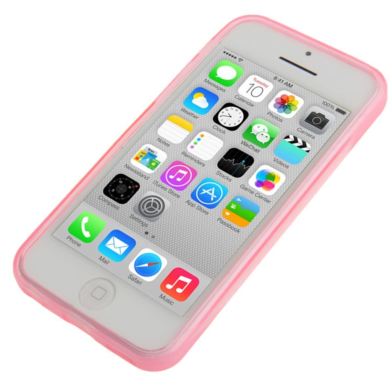 Weißes Telefon in rosa Hülle, App-Symbole werden gezeigt.