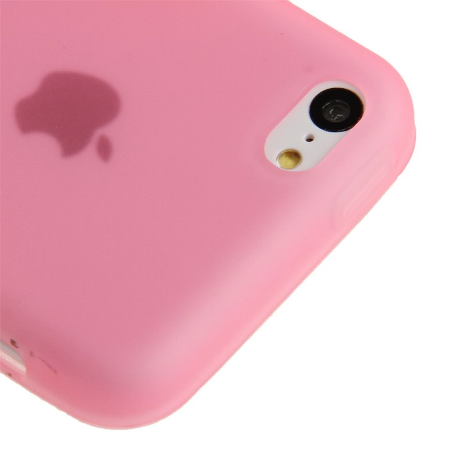 Rosa Handyhülle mit Apple-Logo. Das Kameraobjektiv ist sichtbar.