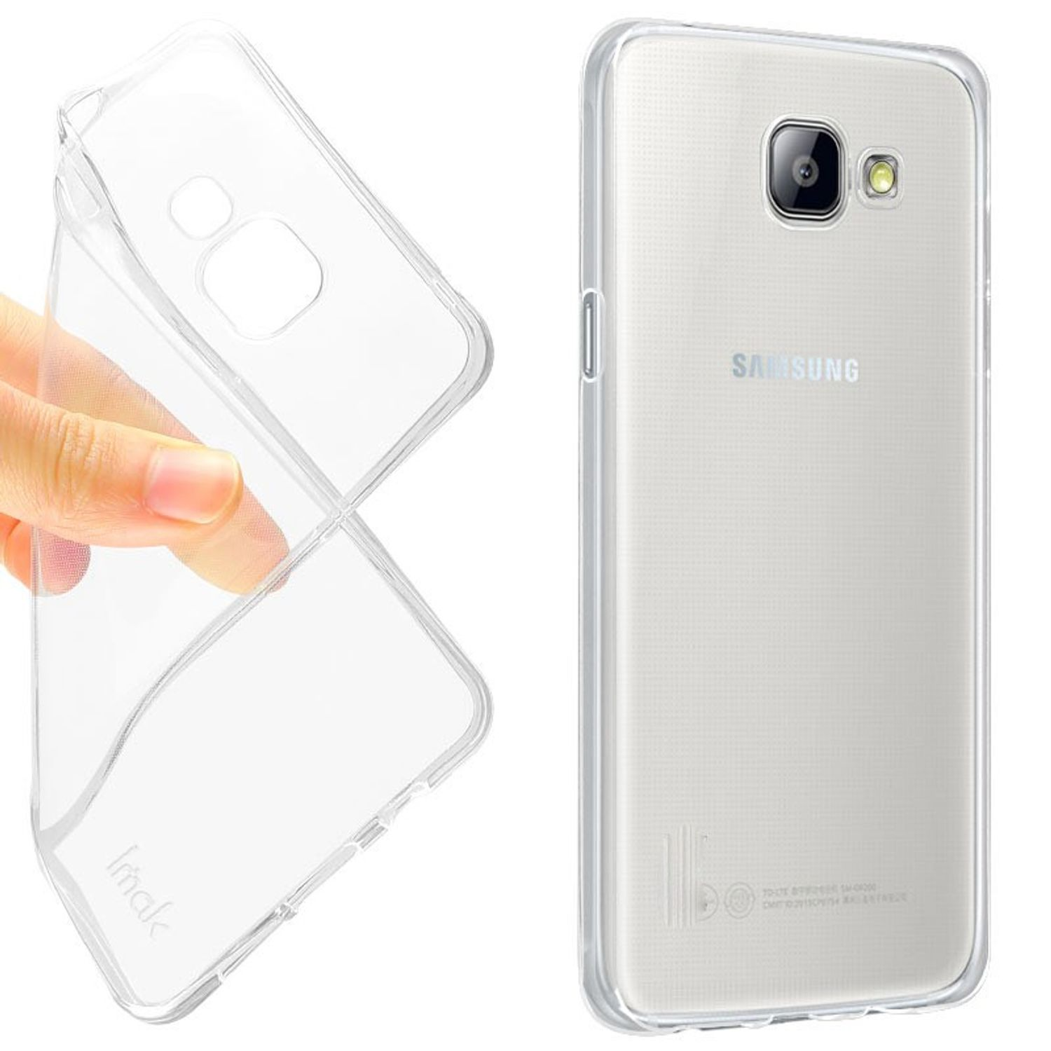 Transparente Handyhülle. Das Telefon wird in der Hülle gehalten. Die Hülle ist transparent.