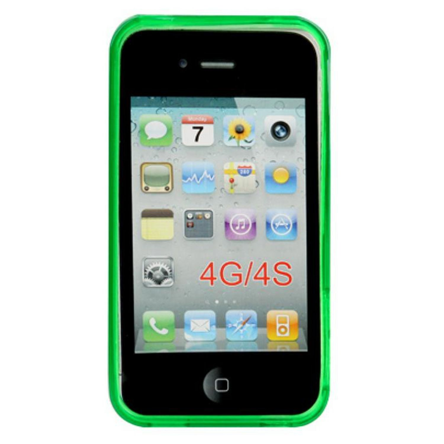 iPhone mit grünem Case. Der Bildschirm zeigt App-Symbole. Das Telefon ist abgewinkelt.