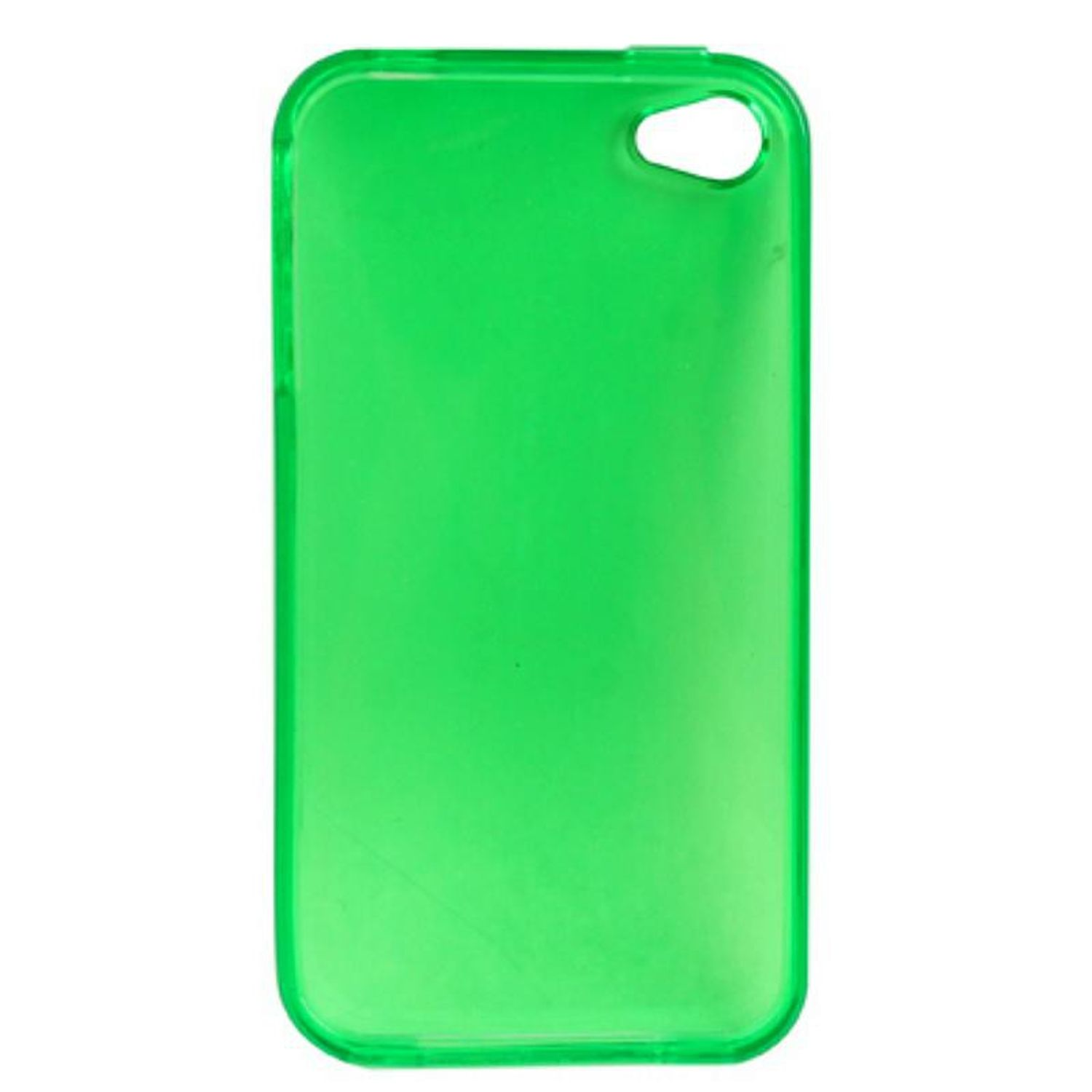 Grüne Handyhülle mit Loch für Kamera, transparentes Plastik.