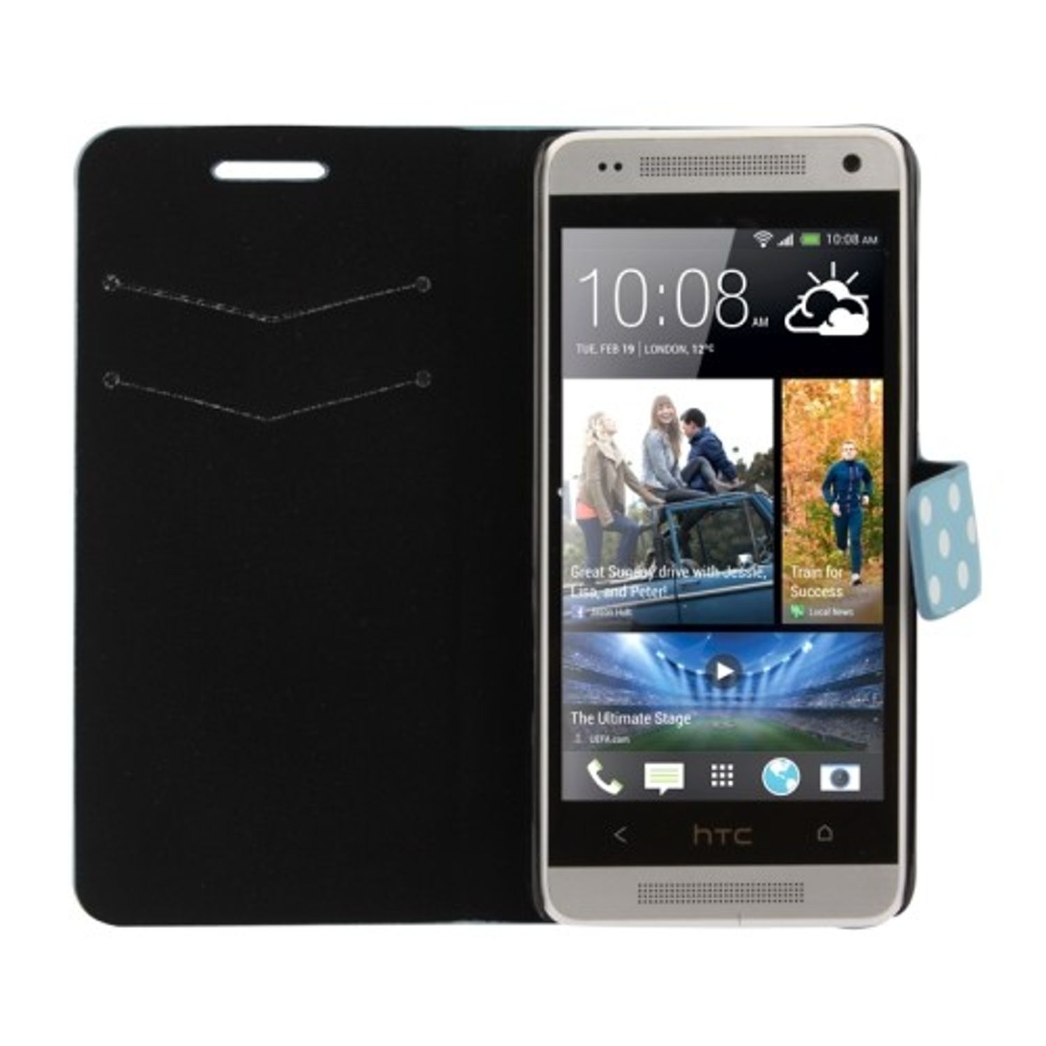 HTC-Telefon in schwarzem Gehäuse, zeigt Bildschirm mit Apps und Uhrzeit. Gehäuse mit blauem Punkt geöffnet.