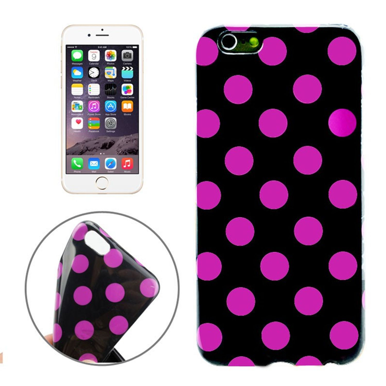 Telefon mit pinkfarbener Polka-Dot-Hülle, der Bildschirm zeigt Apps. Nahaufnahme der Hülle.
