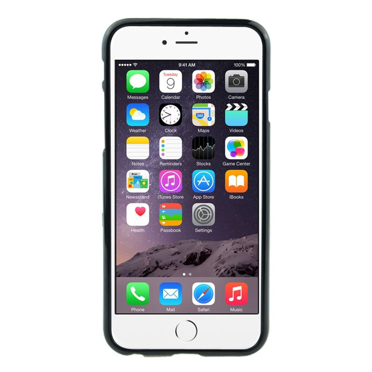 Ein weißes iPhone mit Apps auf dem Bildschirm in schwarzer Hülle.