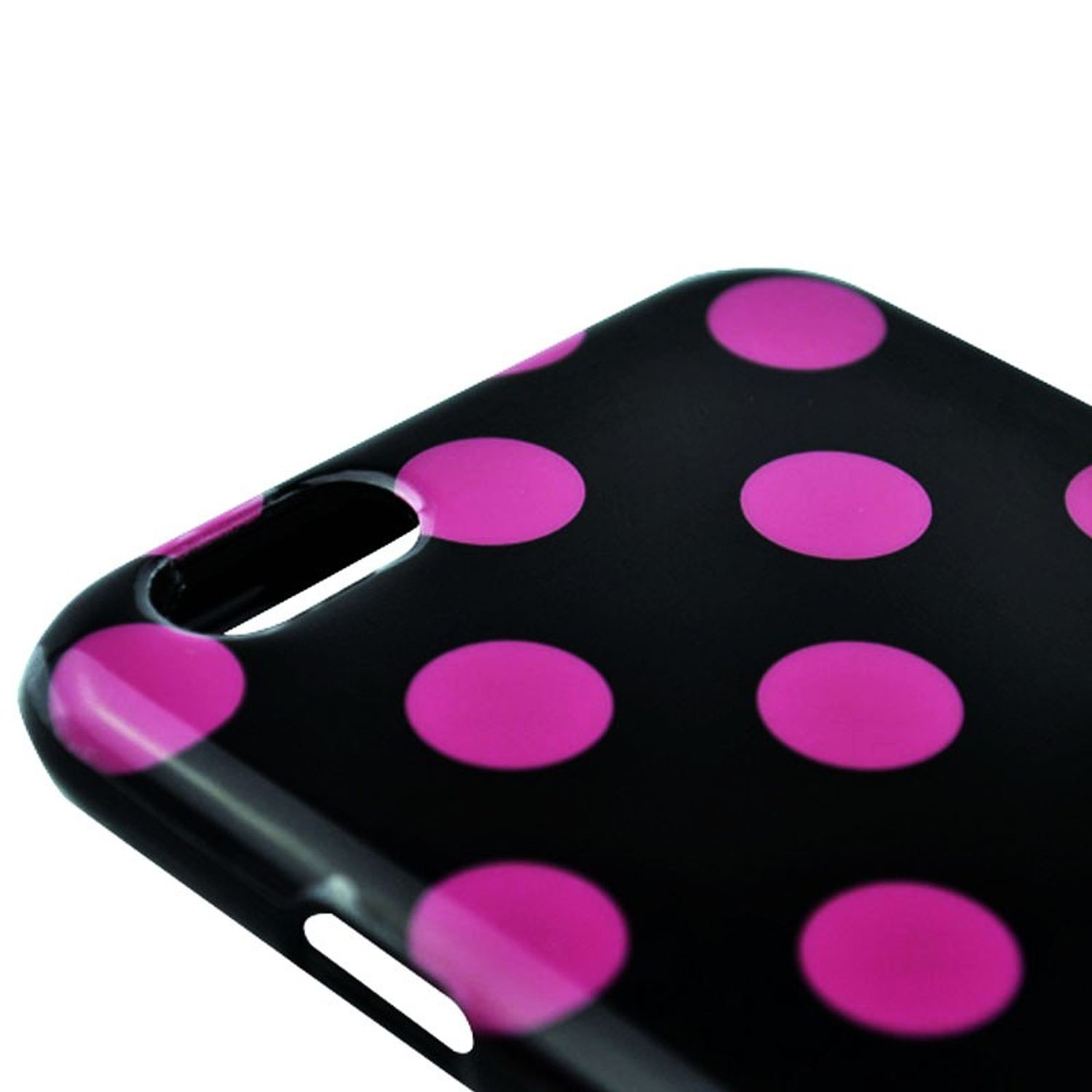 Schwarze Handyhülle mit rosa Punkten, glänzendes Finish, weißer Hintergrund.