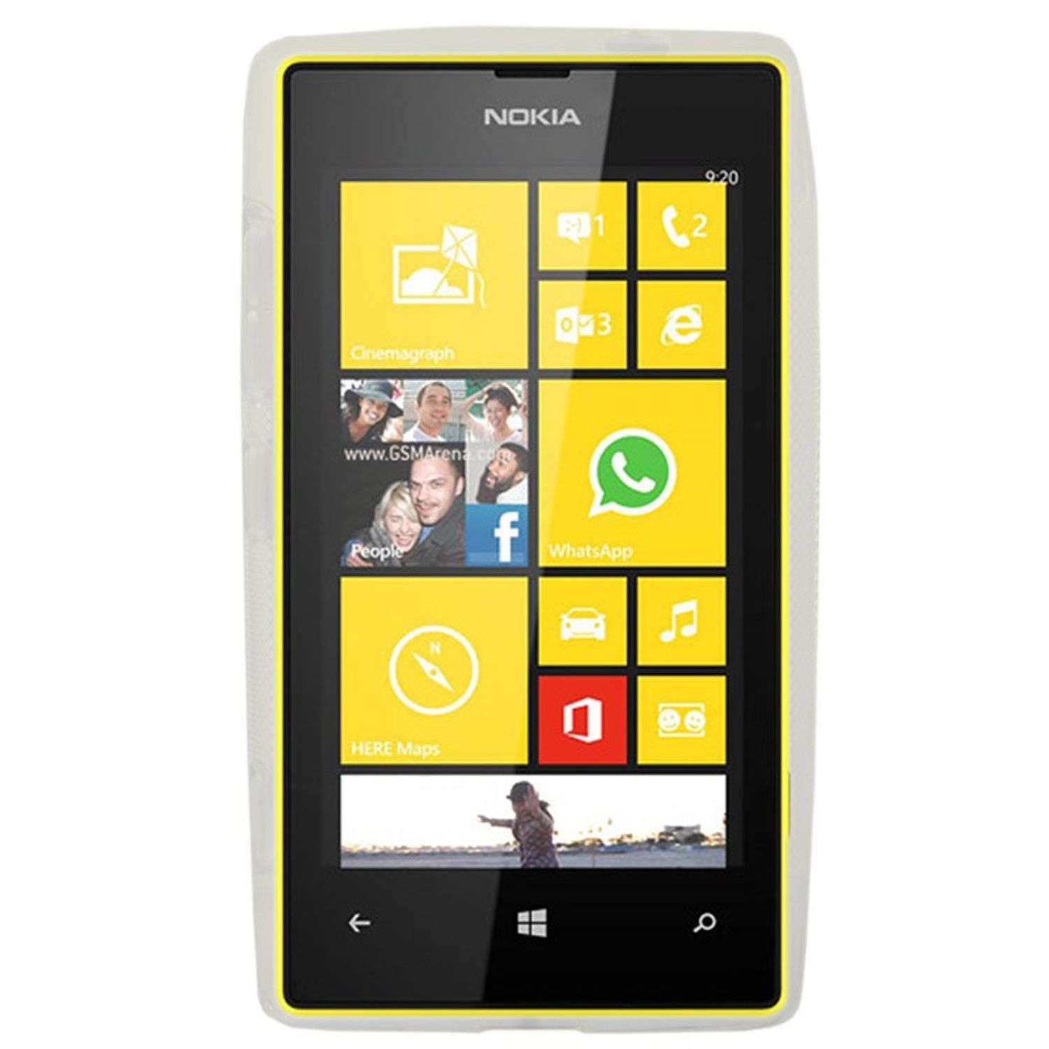 Nokia-Telefon mit gelbem Rahmen, das App-Symbole anzeigt.