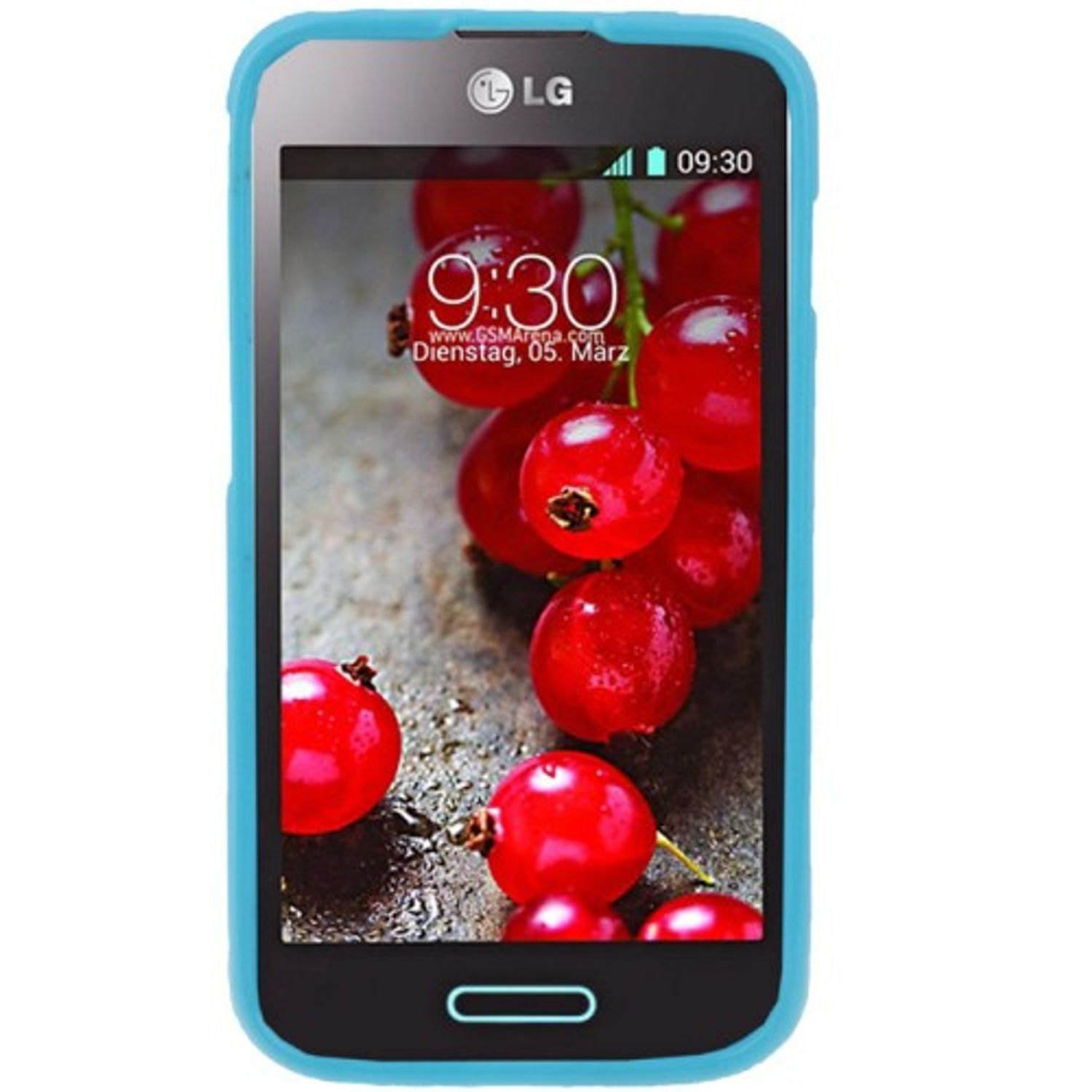 Blaue Handyhülle mit Telefon, das rote Beeren auf schwarzem Hintergrund zeigt.