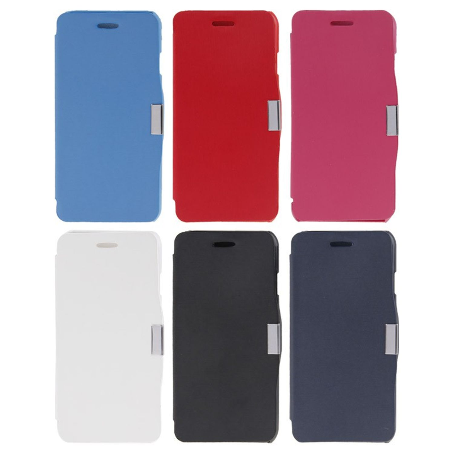 Sechs farbige Handyhüllen: blau, rot, pink, weiß, schwarz und marineblau. Jede hat einen silbernen Clip.