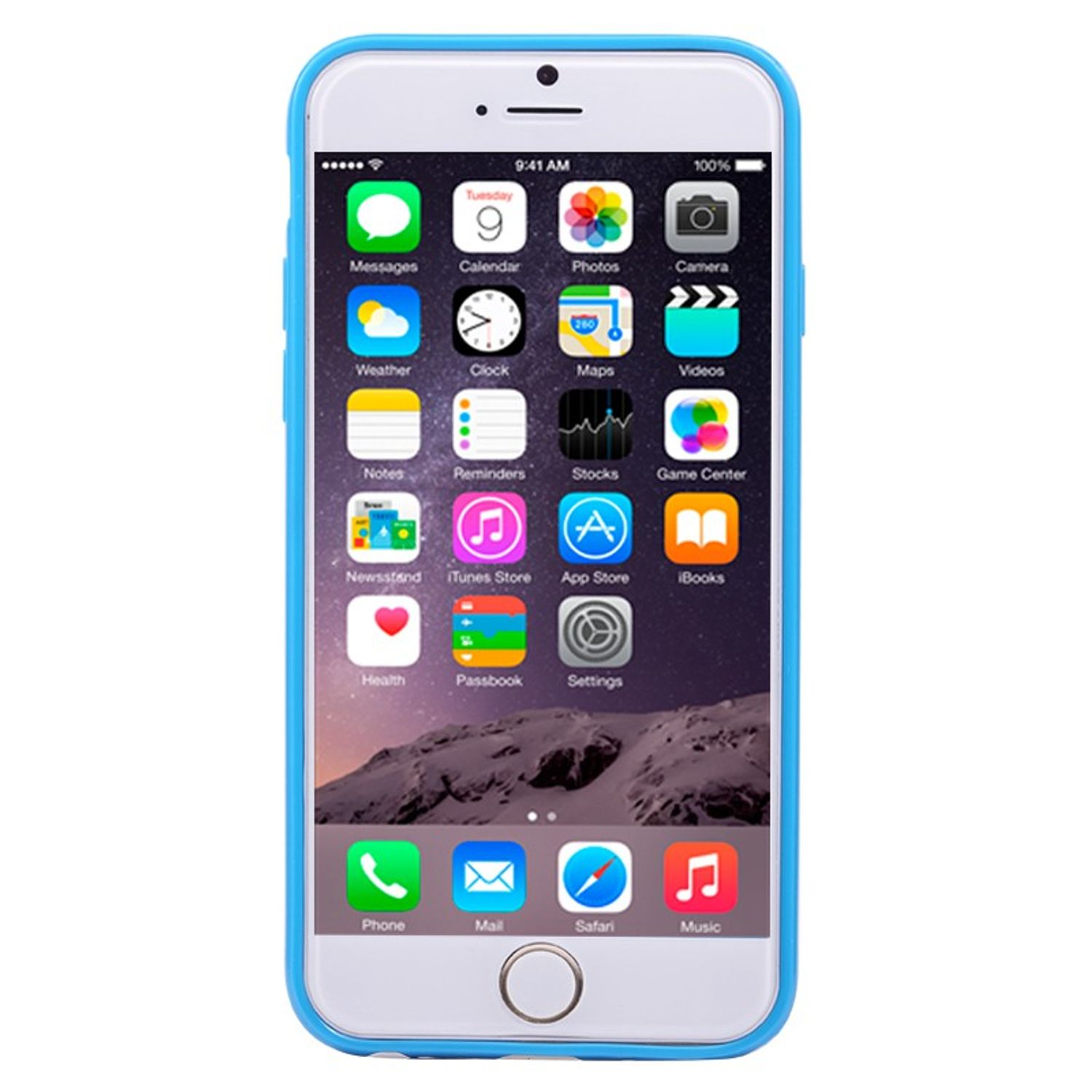 Ein Smartphone in einem blauen Gehäuse mit App-Symbolen. Die Uhrzeit ist 9:41. Der Hintergrund ist weiß.