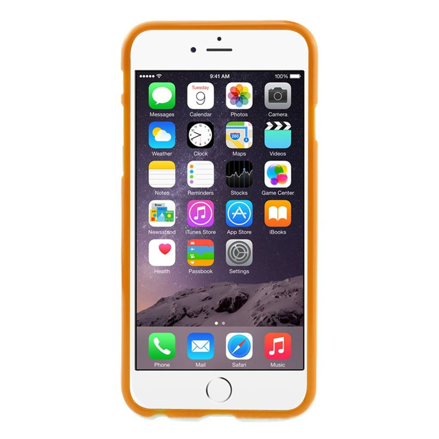 Weißes iPhone in einer orangefarbenen Hülle mit App-Symbolen. Der Hintergrund ist weiß.