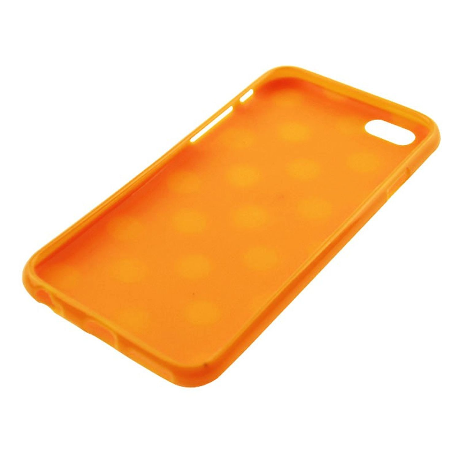 Orangene Handyhülle, leer, mit Aussparungen. Weißer Hintergrund.