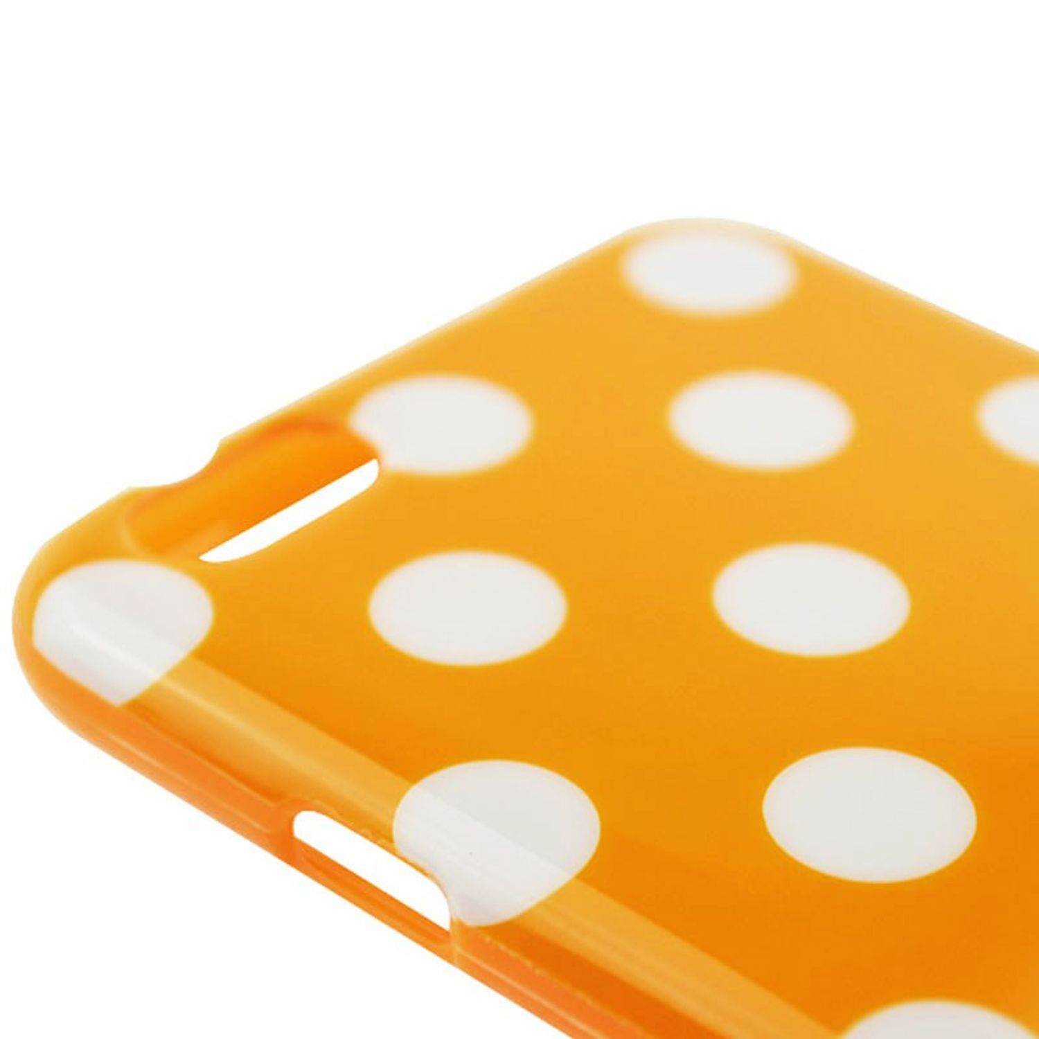 Eine orangefarbene Handyhülle mit weißen Tupfen.