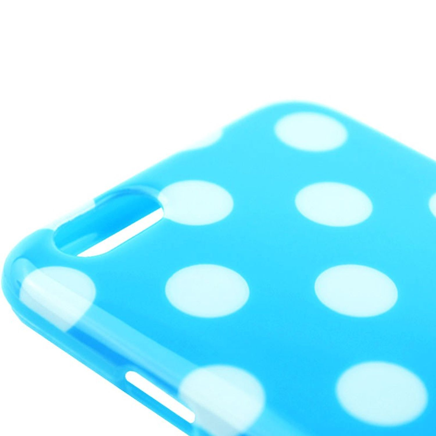Blaue Handyhülle mit weißen Polka Dots. Die Hülle liegt auf einer weißen Oberfläche.