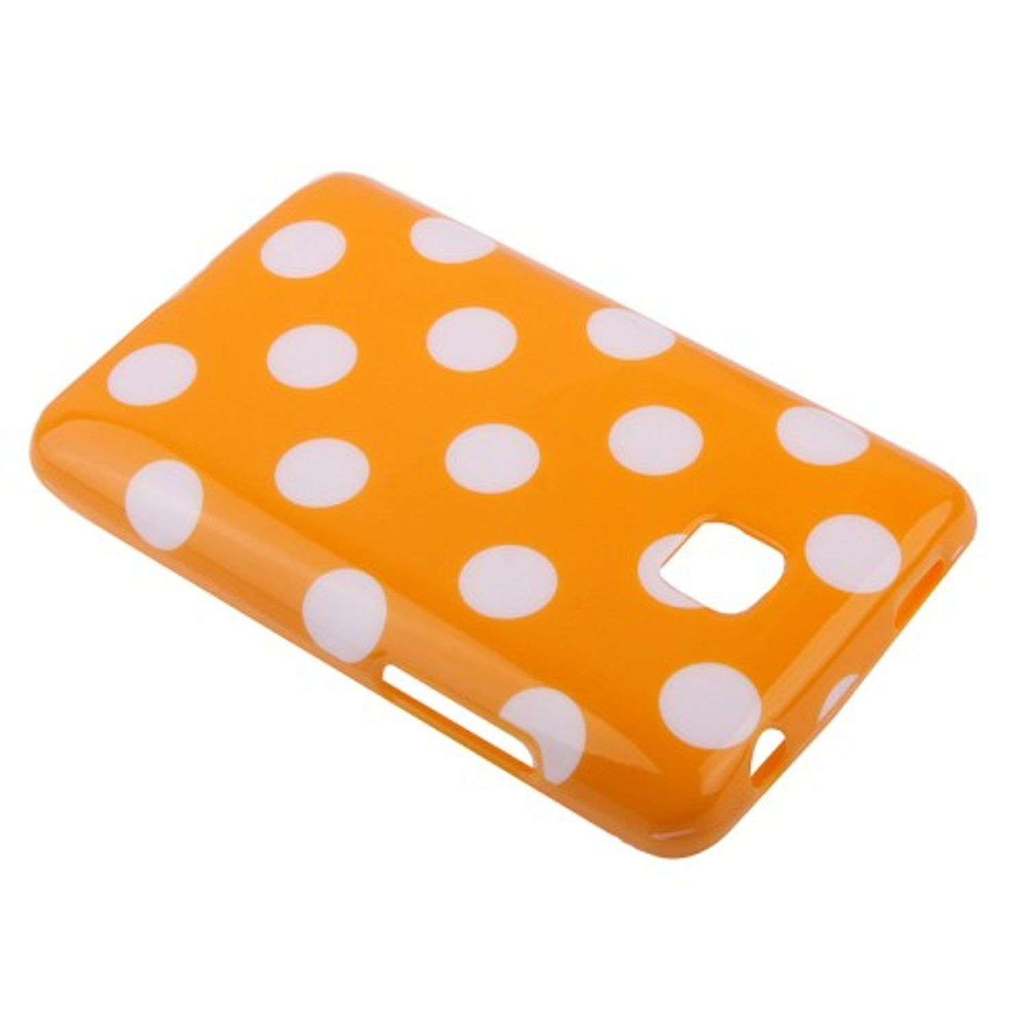 Orangefarbene Handyhülle mit weißen Tupfen.