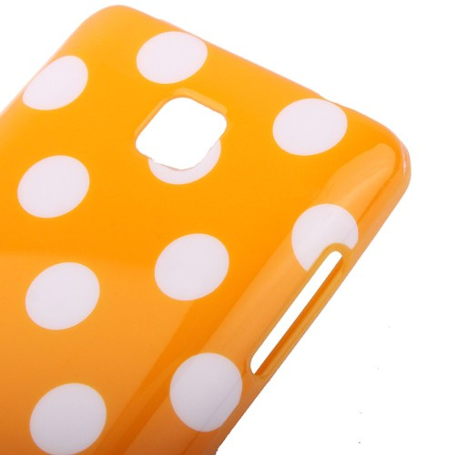 Orangefarbene Handyhülle mit weißen Punkten. Der Koffer ist angewinkelt. Weißer Hintergrund.