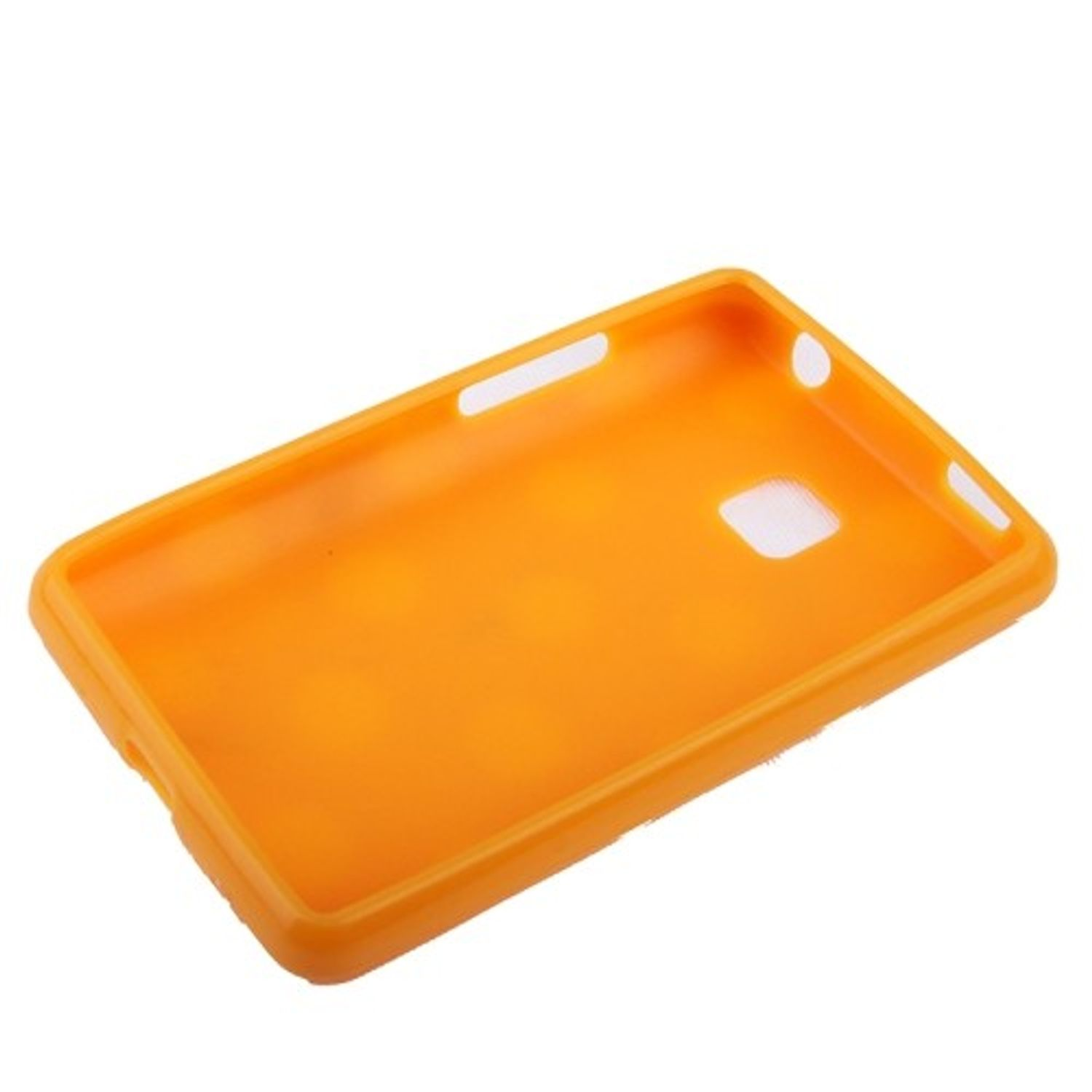 Orange Handyhülle. Rechteckige Form mit Aussparungen.
