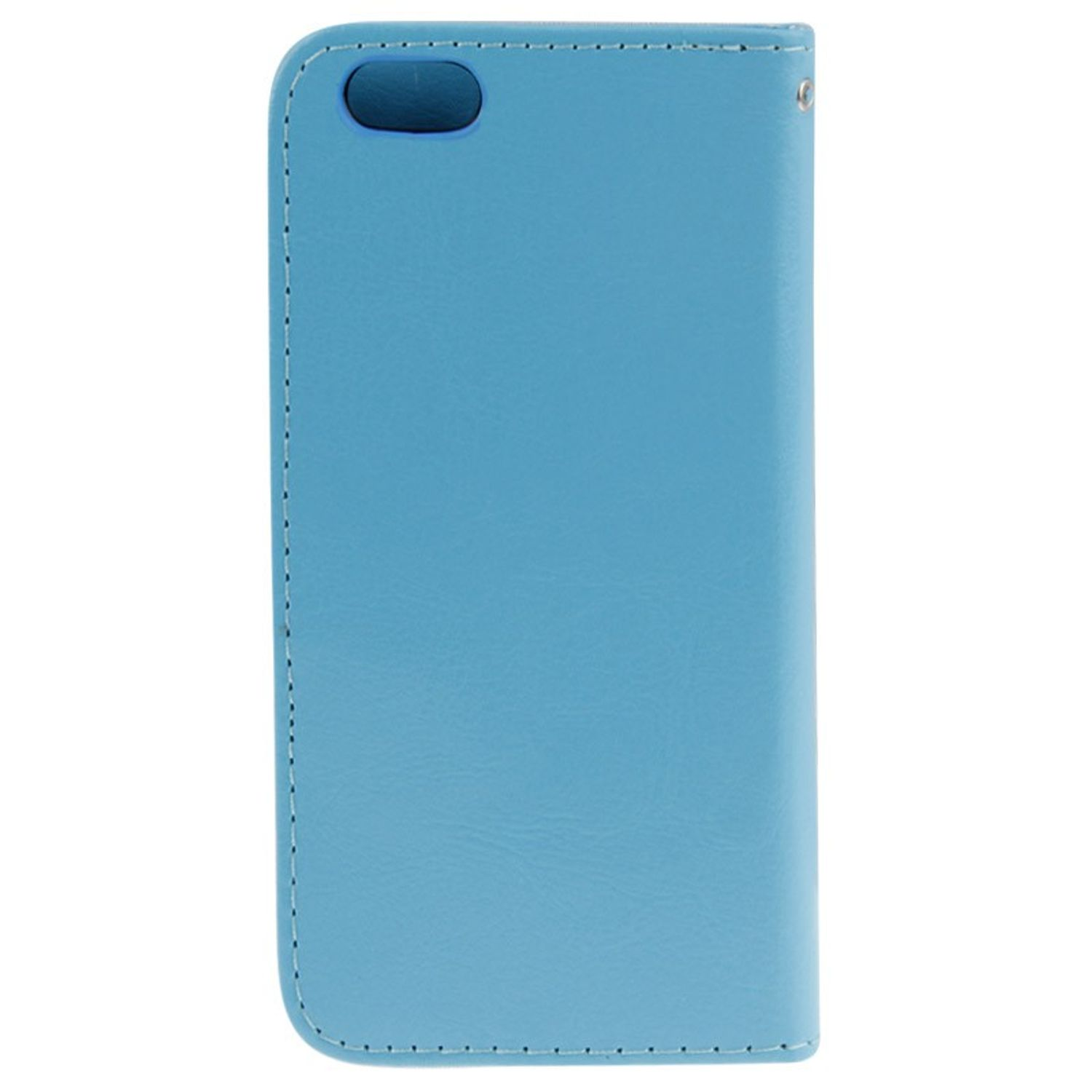 Eine blaue Handyhülle mit einfachem Design, glatter Oberfläche und Aussparung.
