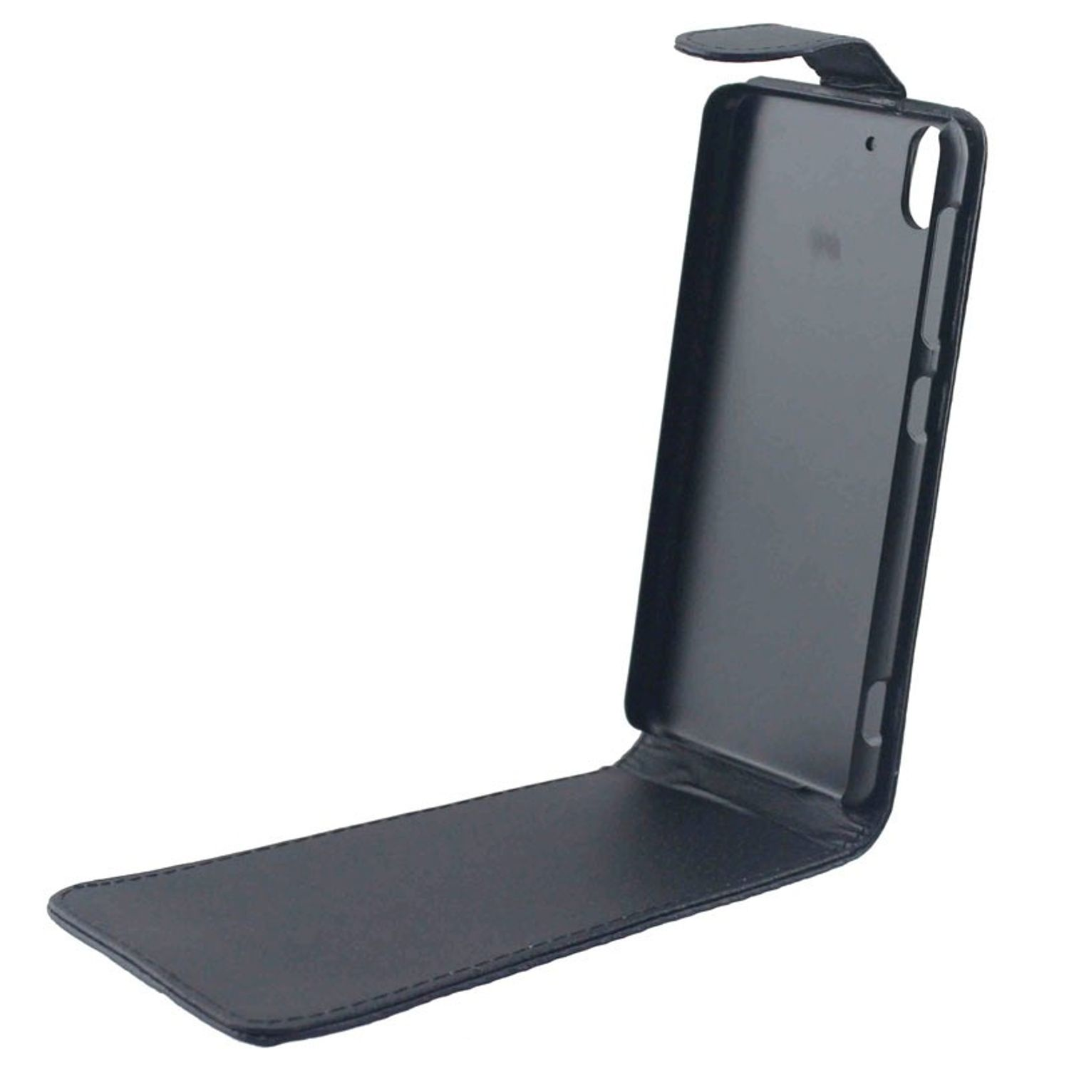Schwarze Handyhülle mit geöffneter Klappe, die Innenseite zeigend. Das Telefon ist nicht sichtbar.