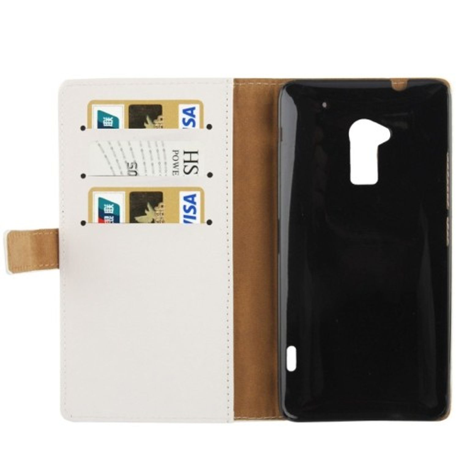 Weißes Telefoncase, geöffnet, mit zwei Kartenfächern für Karten. Braune Innenseite. Schwarze Telefoncase rechts.
