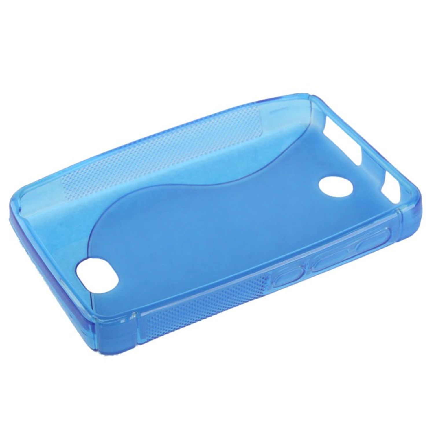 Blaue Handyhülle mit wellenförmigem Design. Sie bietet einen Schutz für Rückseite und Seiten des Telefons.