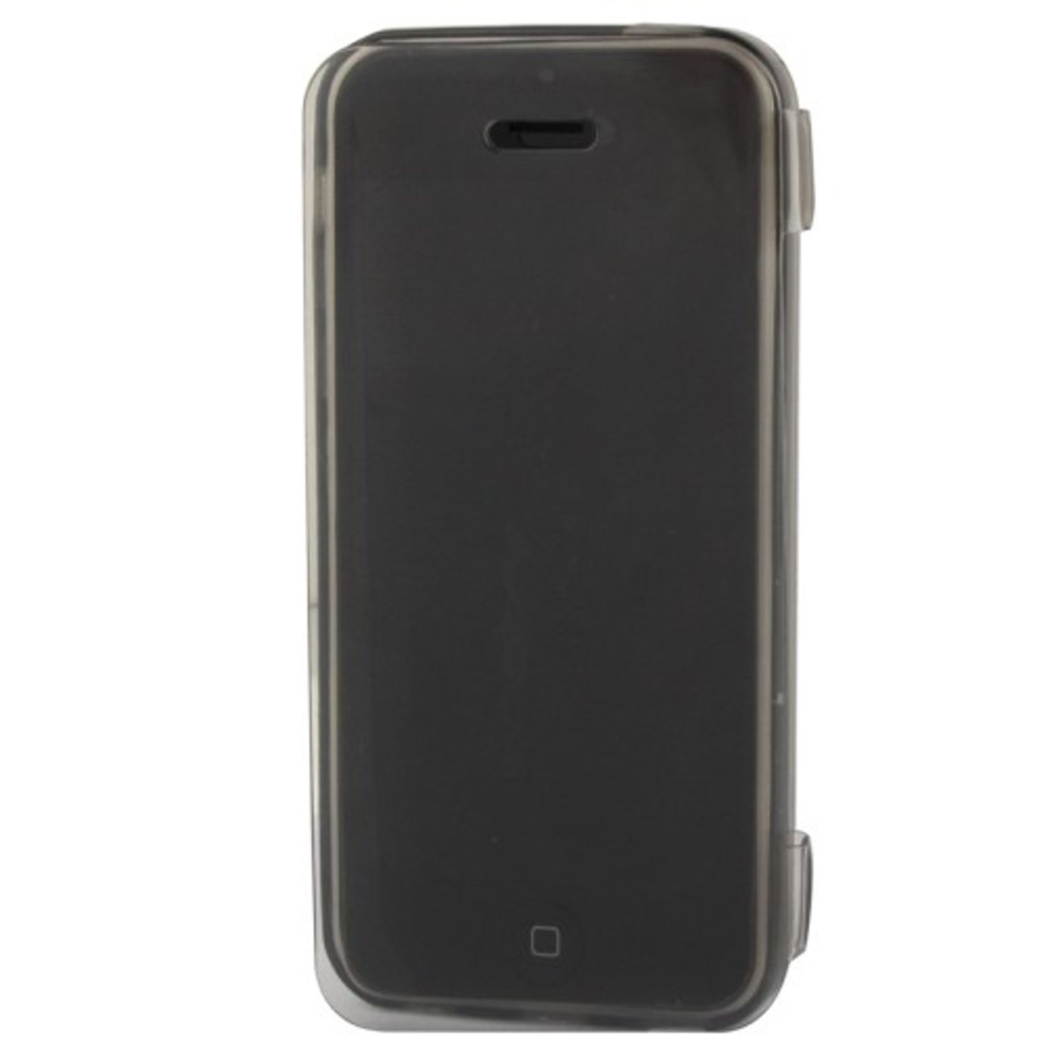 Eine transparente Handyhülle mit einem schwarzen Telefon darin.