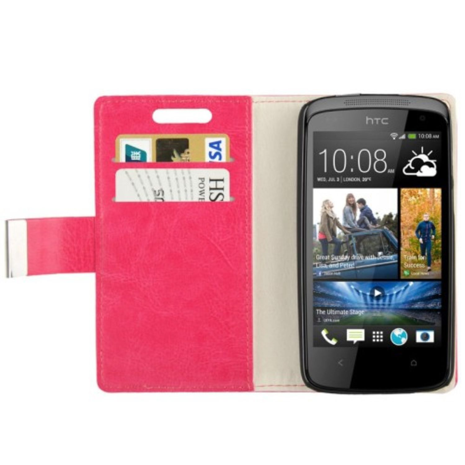 HTC-Telefon in rosa Hülle. Die Hülle öffnet sich und zeigt Kreditkarten und den Bildschirm.