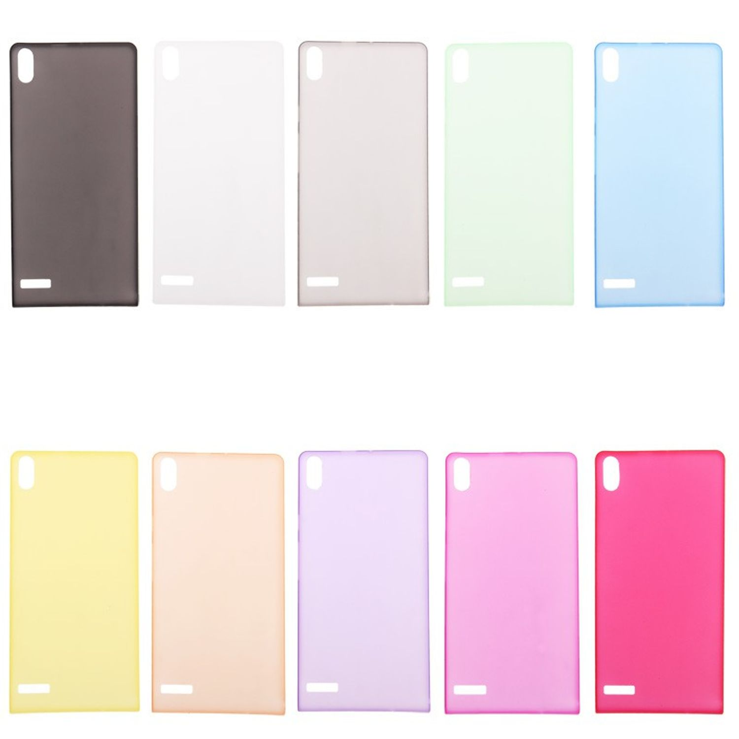 Zehn farbige Handy-Rückseiten. Farben sind Schwarz, Weiß, Grau, Grün, Blau, Gelb, Orange, Lila, Rosa und Rot.