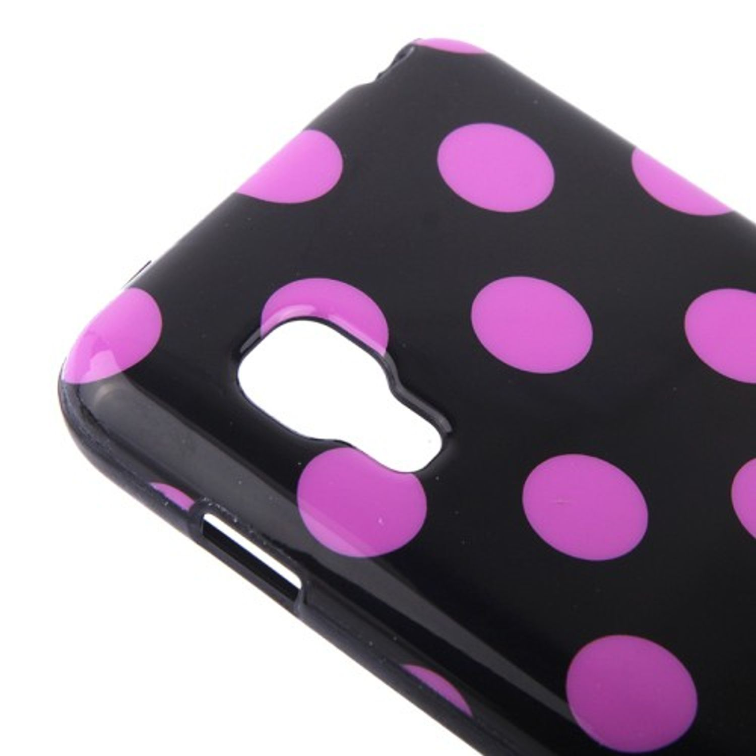 Schwarzes Handycase mit pinkfarbenen Punkten. Das Case hat ein glänzendes Finish. Die Punkte sind groß.