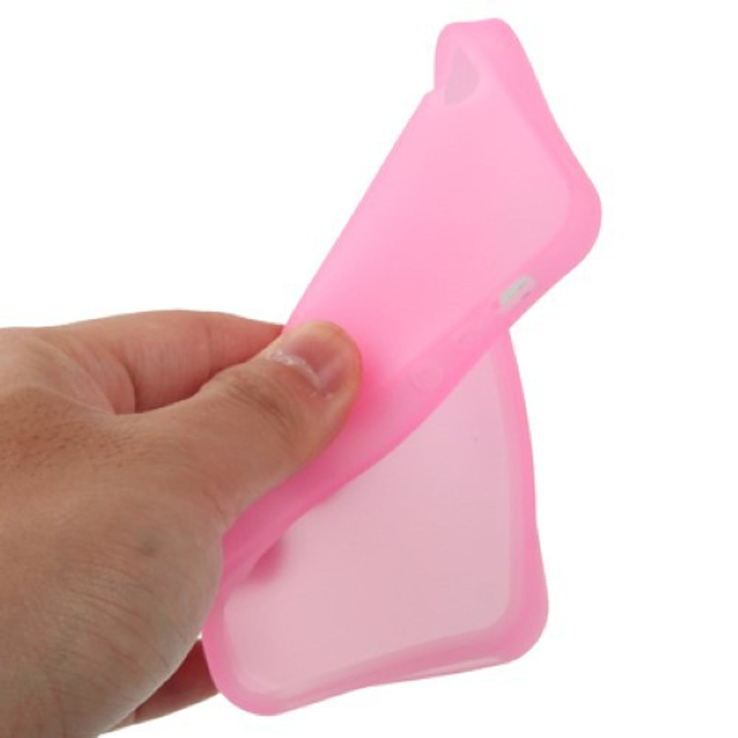 Eine Hand hält eine rosa Handyhülle und zeigt die Innenseite der Hülle vor weißem Hintergrund.
