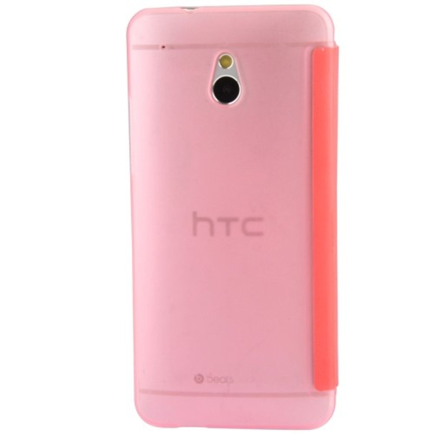 Ein pinkfarbenes HTC-Telefon mit korallenfarbenem Seitenstreifen.