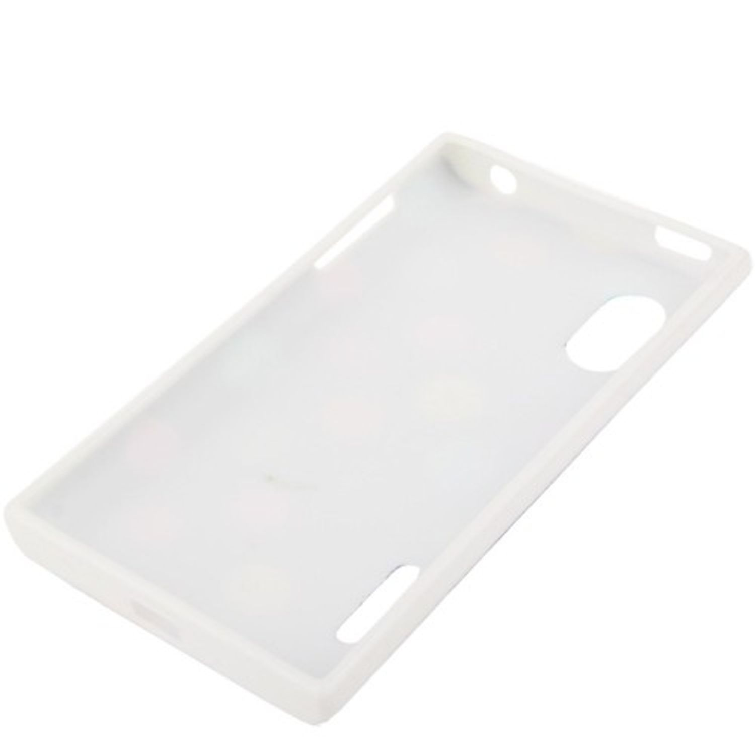 Eine weiße Handyhülle mit Aussparungen für ein Telefon auf weißem Hintergrund.