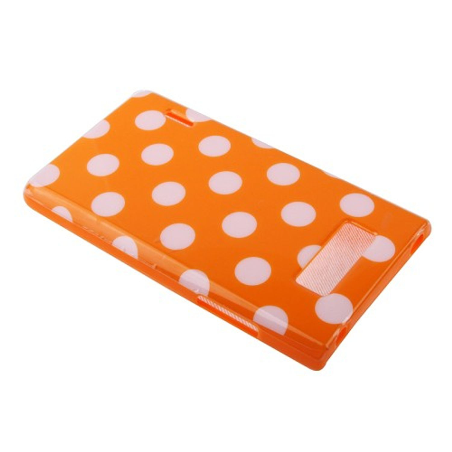 Orange Handyhülle mit weißen Punkten. Weißer Hintergrund.
