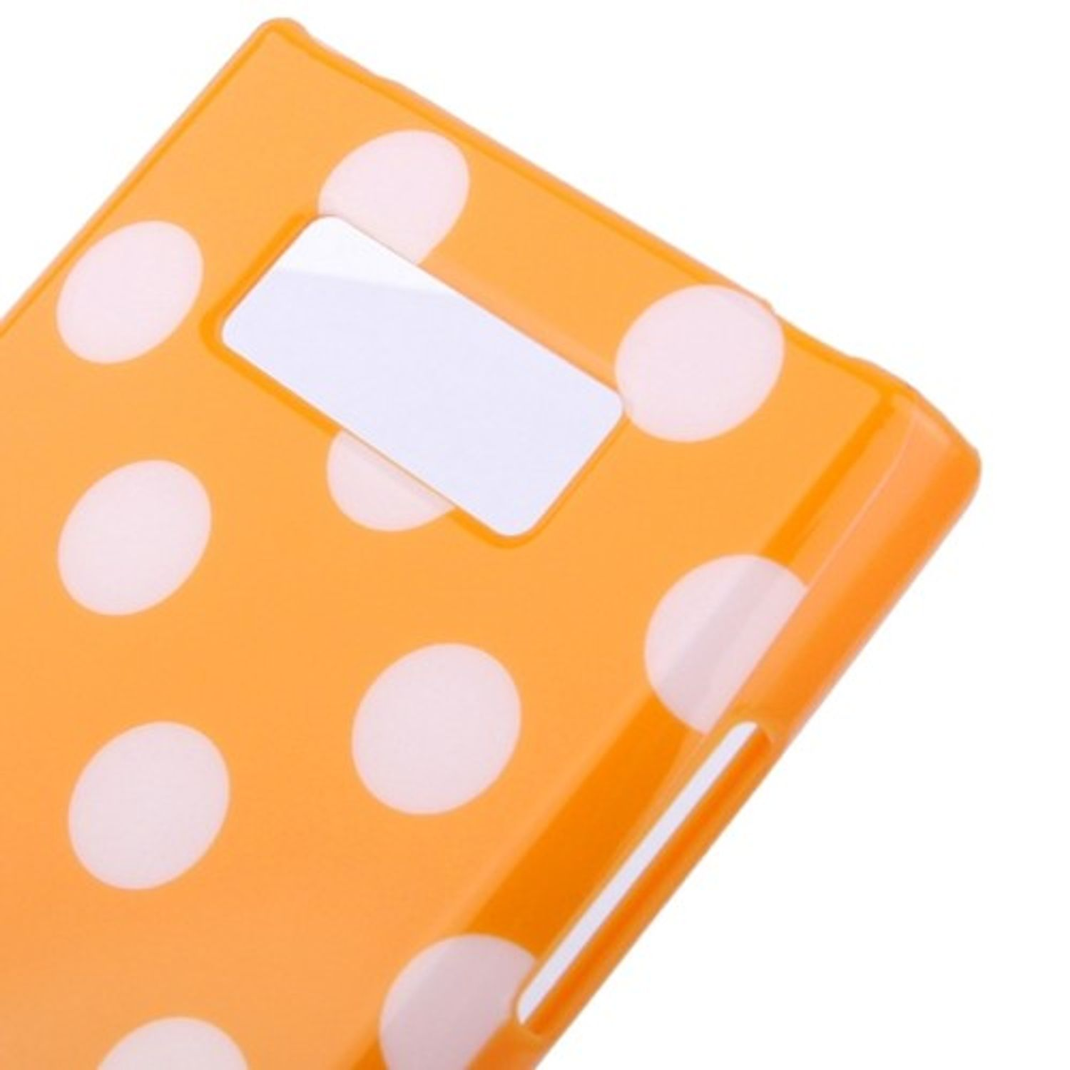 Orangefarbene Handyhülle mit weißen Tupfen. Weißer Hintergrund.
