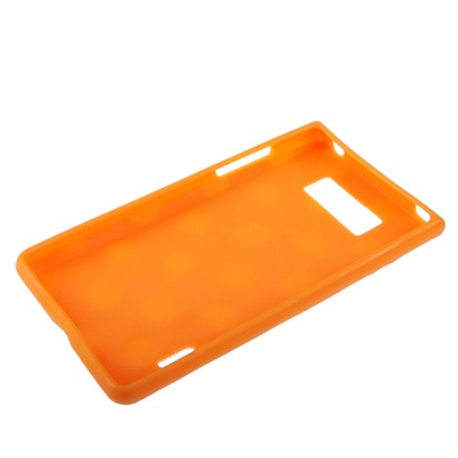 Orangefarbene Handyhülle, innen leer, schräge Ansicht. Weißer Hintergrund.