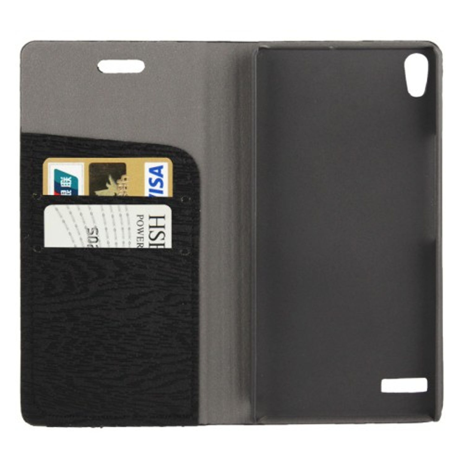 Eine schwarze und graue Tablet-Hülle mit Karten in einer Tasche wird gezeigt.