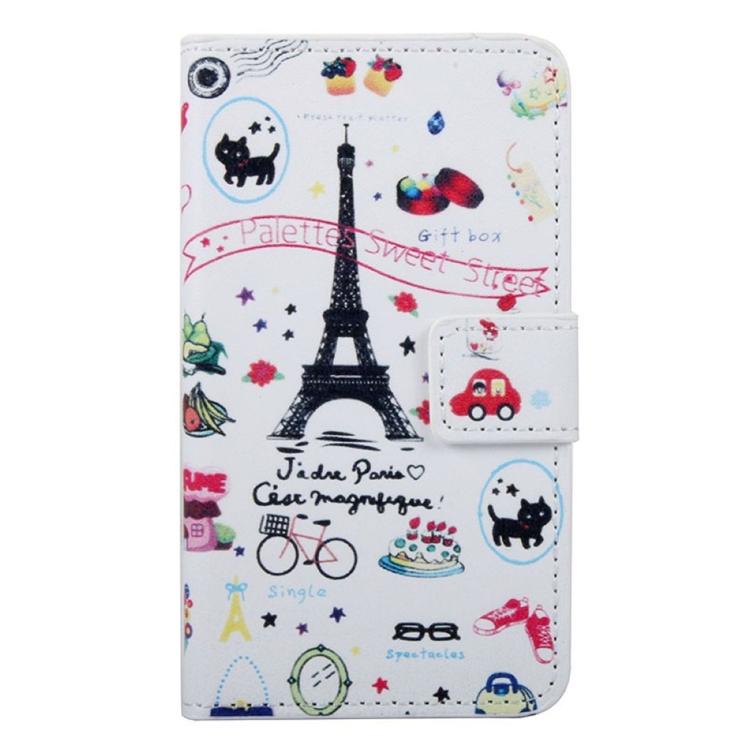 Weiße Handyhülle mit Eiffelturm- und Paris-Thema. Bunte Illustration.
