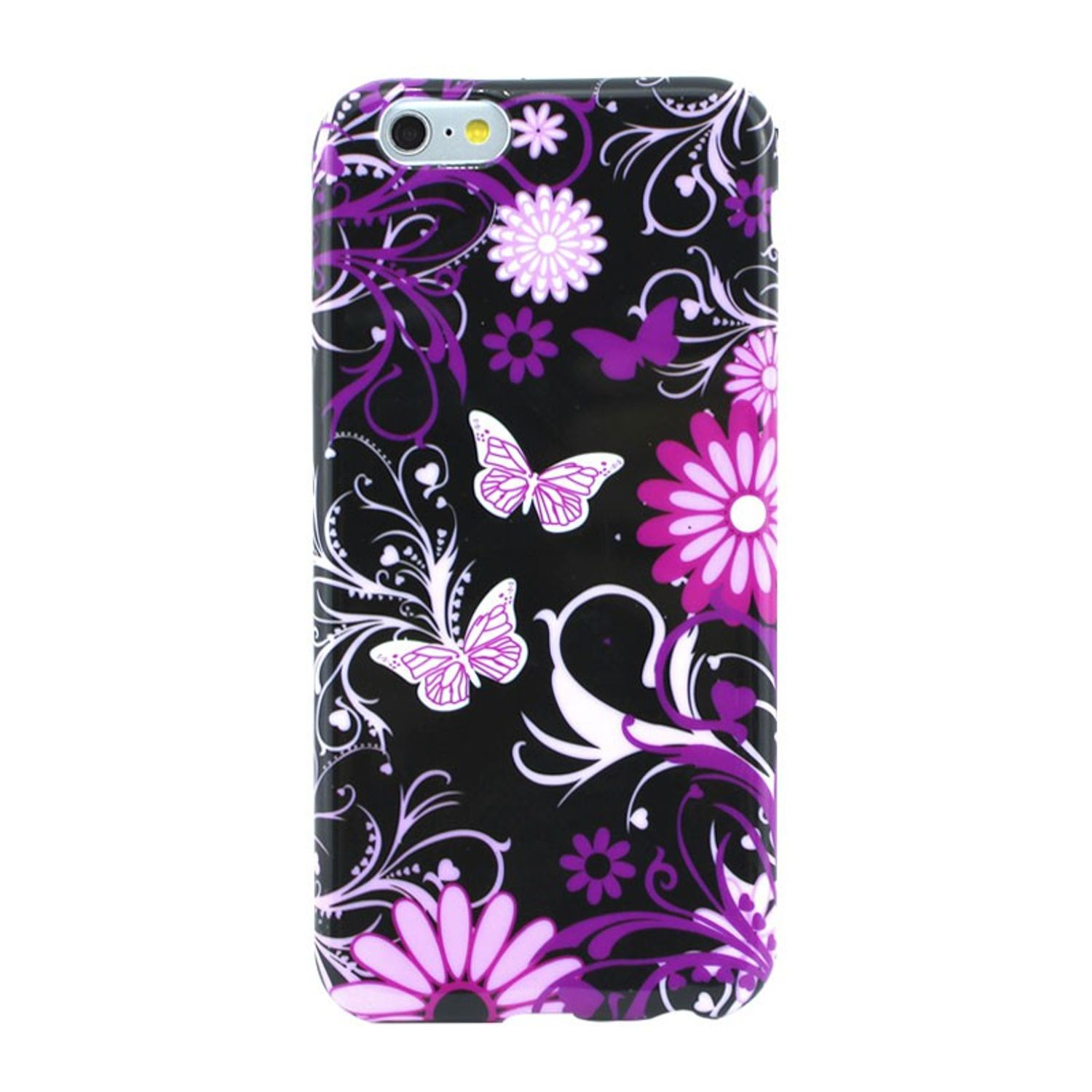 Schwarze Handyhülle mit lila Blumen und Schmetterlingen. Weißer Hintergrund.