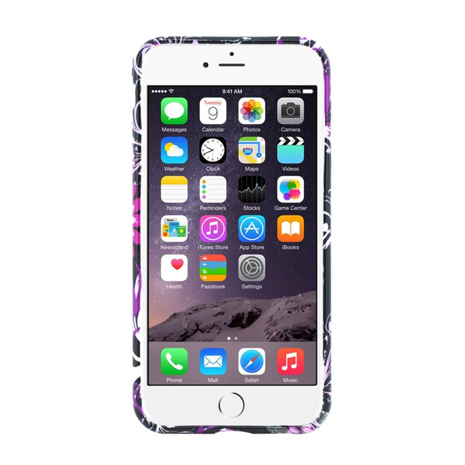 Weißes iPhone mit Apps auf dem Bildschirm in einer Hülle mit Blumendesign.