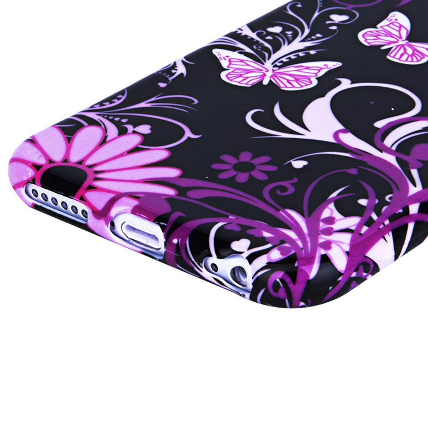 Nahaufnahme einer Handyhülle mit Blumendesign, Schmetterlingen und den Anschlüssen und Knöpfen des Telefons.