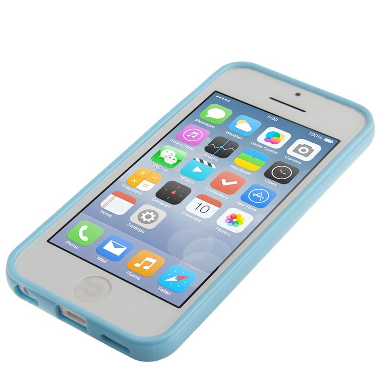 Weißes iPhone mit blauer Hülle. Der Bildschirm zeigt App-Symbole.