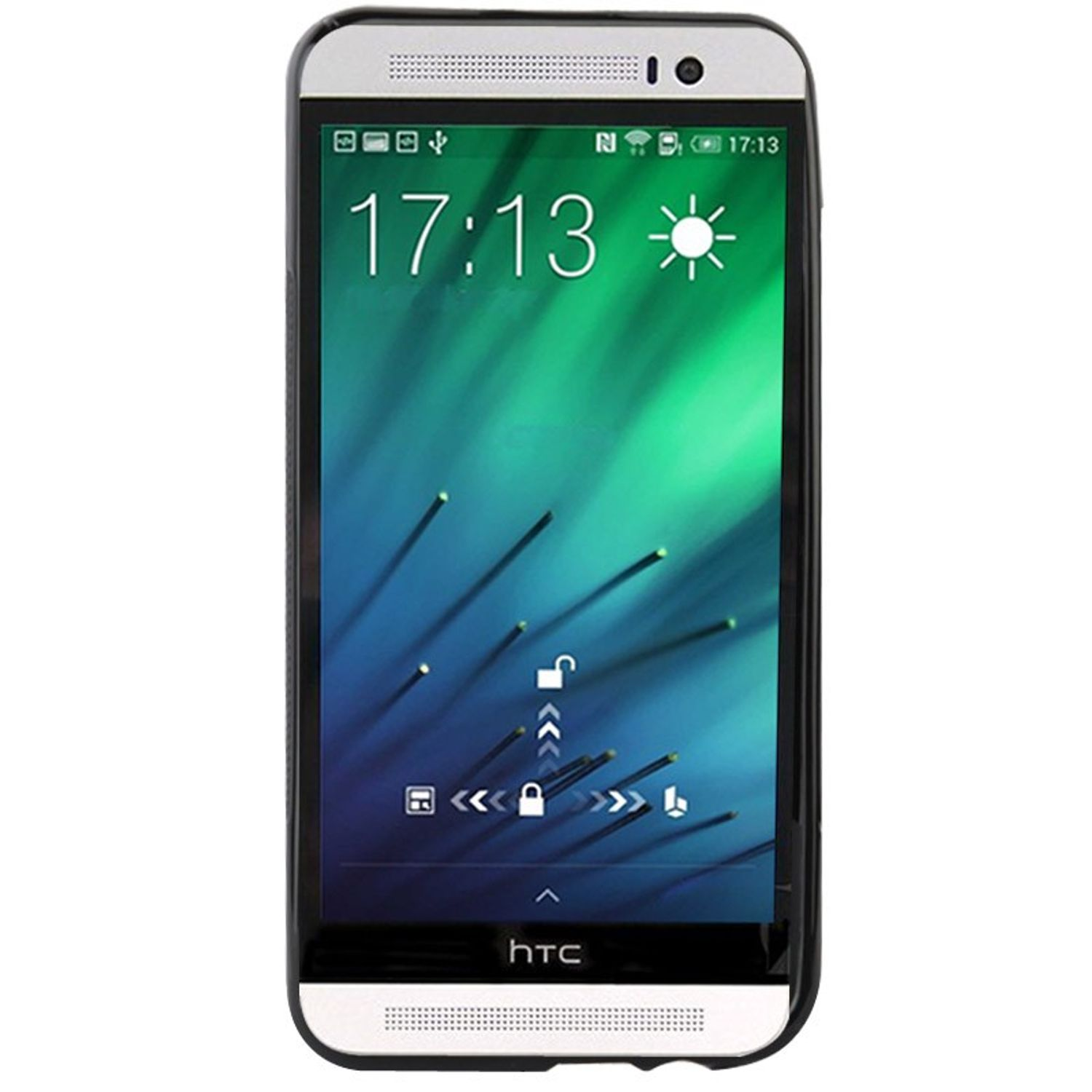 HTC Smartphone zeigt Uhrzeit und Sperrbildschirm mit Symbolen.