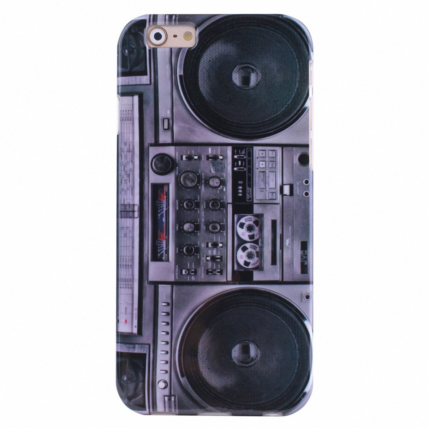 Handyhülle mit Retro-Boombox-Design. Sie hat Lautsprecher, Knöpfe und Kassettenlaufwerke, in Grau.