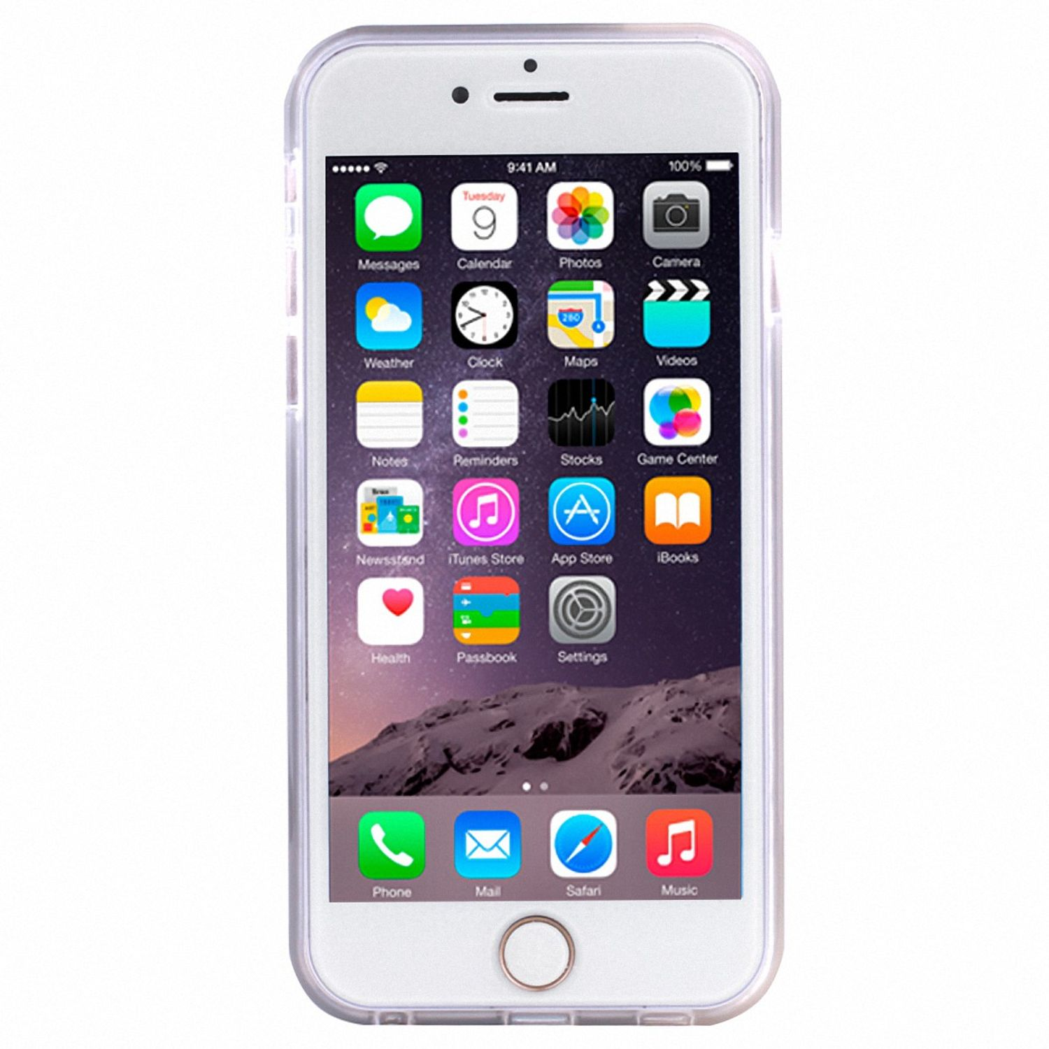 Weißes Telefon mit Apps auf dem Bildschirm. Der Bildschirm zeigt die Uhrzeit und Apps.