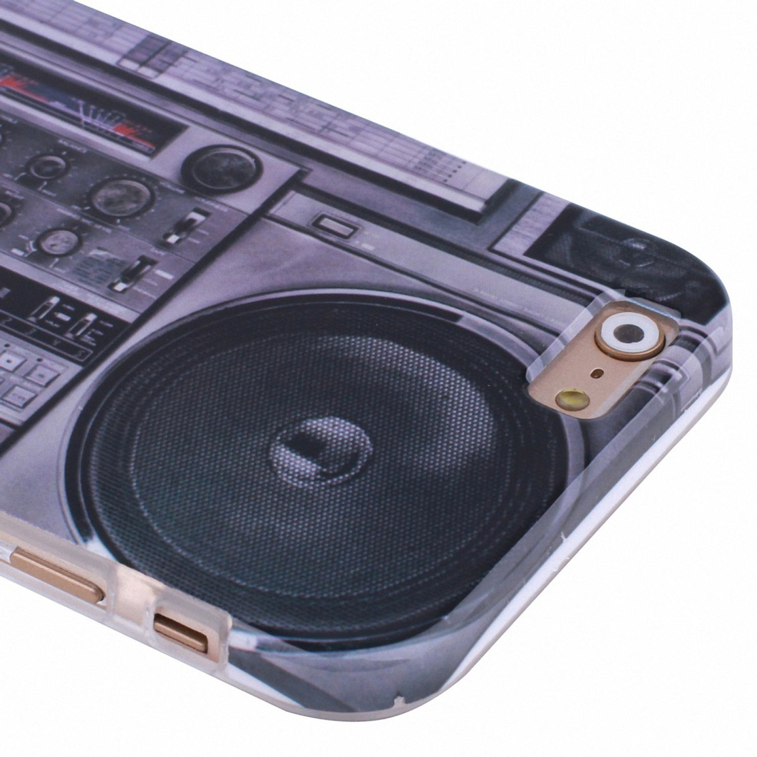 Handyhülle mit einem Ghettoblaster-Design. Schwarzer Lautsprecher, Knöpfe und Bedienelemente. Weißer Hintergrund.
